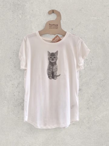Camiseta de algodón orgánico y manga enrollada con dibujo de gatito
