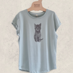 Camiseta mujer con manga erollada y dibujo de cachorro de gato