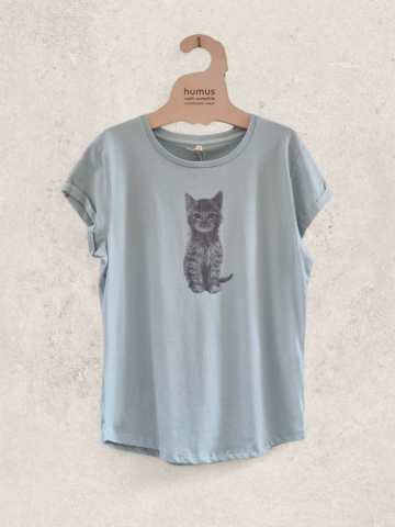 Camiseta mujer con manga erollada y dibujo de cachorro de gato